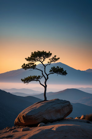 arafed tree on a rock with a view of mountains in the distanceの素材