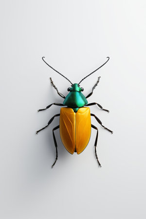 Close-up of a beetle with a green head and yellow elytraの素材