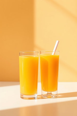Two glasses of orange juice with straws on the tableの素材