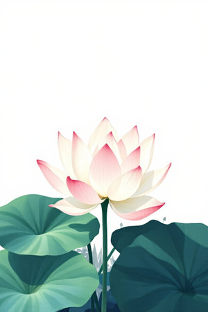 Illustration of single lotus and lotus leavesの素材