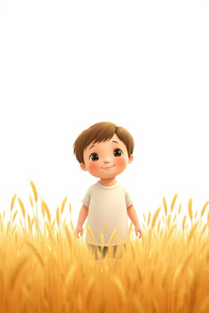 Boy standing in golden wheat fieldの素材