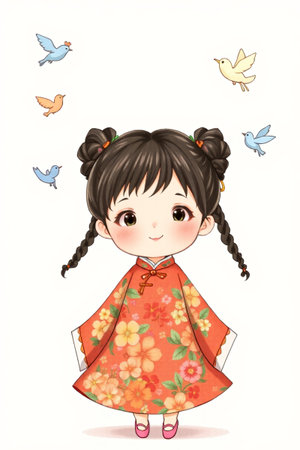 Illustration of cute little girl in Chinese clothesの素材