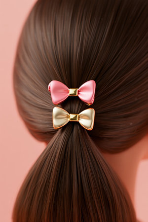 Back of a woman wearing a bow hair accessoryの素材