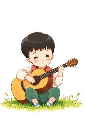 Little boy playing guitar on the lawn sceneの素材