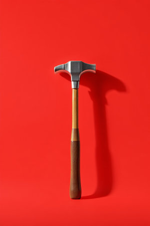 Metal hammer on red backgroundの素材