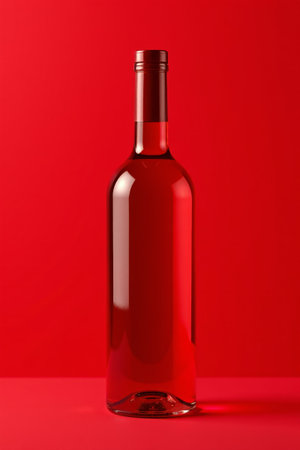 Glass wine bottle on red backgroundの素材