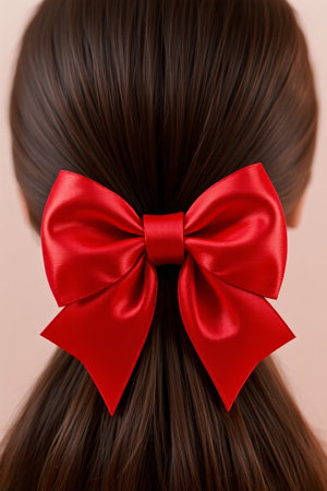 Back of a girl wearing a red bow hair accessoryの素材