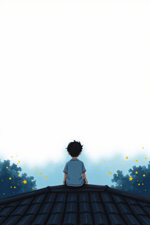 The boy sat on the roof and looked at the night skyの素材