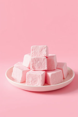 Pink marshmallows stacked on a shallow plateの素材