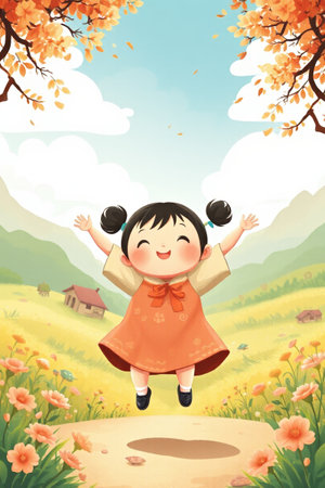 Cartoon girl jumping in autumn fieldsの素材