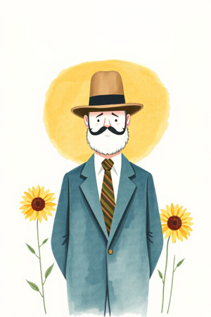 Illustration of Man in Hat and Suit and Sunflowerの素材
