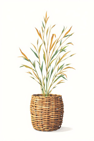 Illustration of plants in a rattan flowerpotの素材