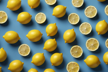 Lemon and lemon slices on a blue backgroundの素材