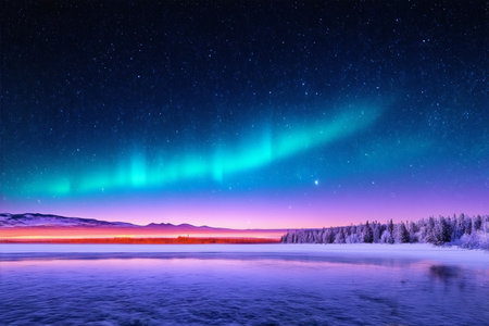 Snow forests and lakes under the auroraの素材