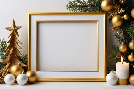 Gold photo frame surrounded by Christmas decorationsの素材