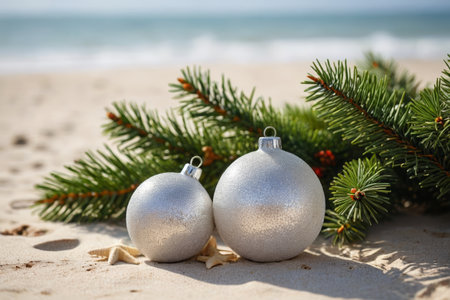Christmas decoration balls on the beachの素材