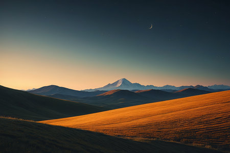 Mountains and fields at duskの素材