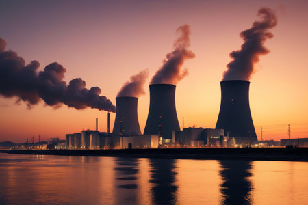 Panorama of power plants at duskの素材