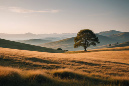Lone trees on the grassland and distant mountain landscapeの素材