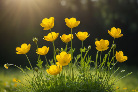 Small yellow flowers blooming in the sunの素材