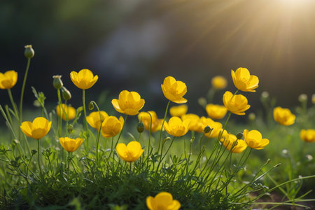 Yellow wildflowers blooming in the sunの素材
