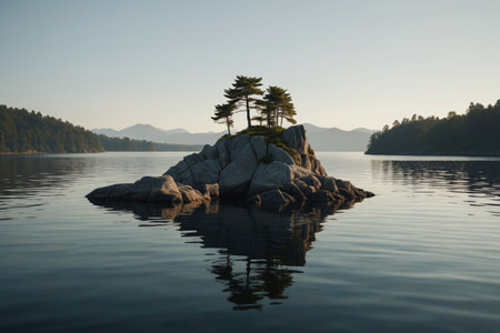 Landscape of trees growing on rocks in the center of the lakeの素材