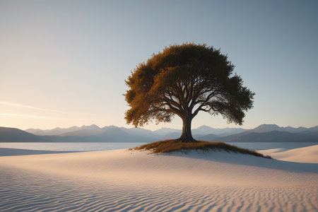 Lonely trees in the desert and distant mountain landscapesの素材