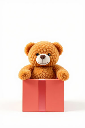 Brown teddy bear toy in gift boxの素材