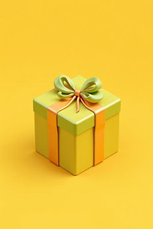 Green gift box on yellow backgroundの素材