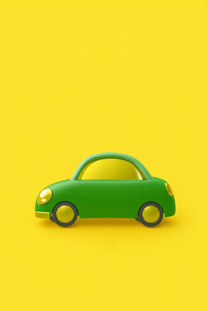 Green cartoon car with yellow backgroundの素材