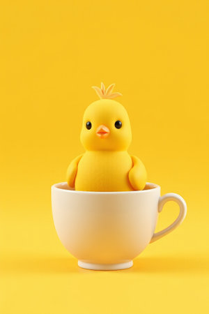 Yellow chicken doll in a white teacupの素材
