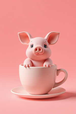 Pink piggy doll placed in a coffee cupの素材
