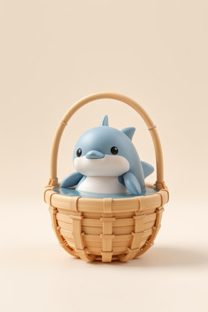 Cartoon dolphin ornaments in bamboo basketの素材