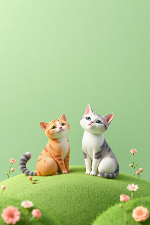 Two cute cats sitting on a green grassの素材