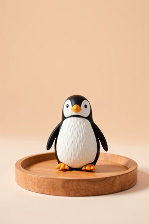 Close-up of a penguin ornament on a wooden plateの素材