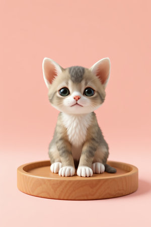 Cute kitten sitting on a wooden plateの素材