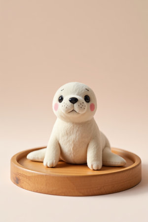 Seal plush toy on wooden trayの素材
