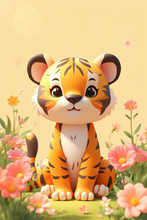 Cartoon tiger in flower bushesの素材