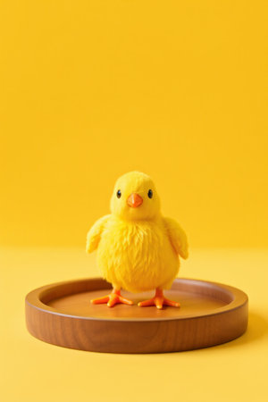 Yellow chicks standing on a wooden trayの素材