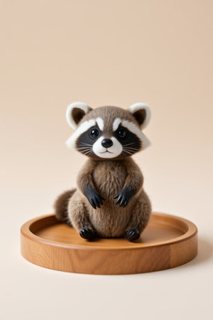 Raccoon doll on wooden trayの素材