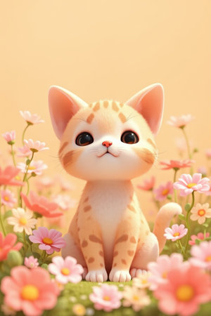 Cute cartoon kitten in the flowersの素材