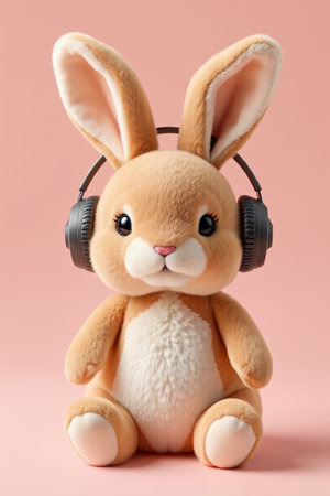 Cute plush bunny doll with headphonesの素材