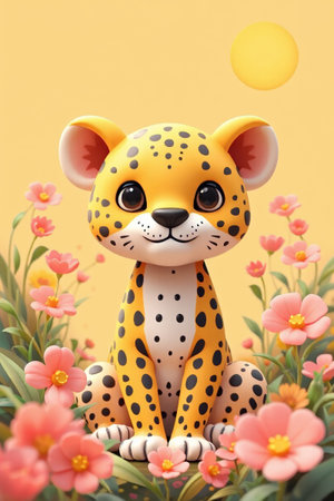 Cheetah image in cute cartoon flowersの素材