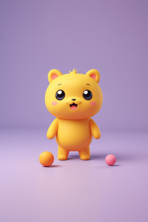 Cute yellow cartoon bear and colored ballの素材