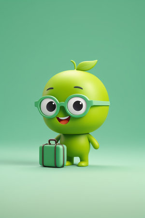 Green Apple cartoon character wearing glassesの素材