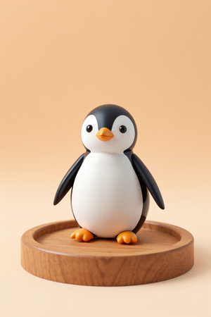 Cute penguin ornaments on a wooden trayの素材