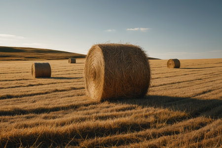 Cylindrical straw piles in a fieldの素材