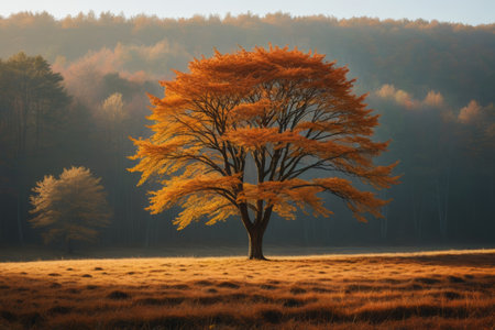 Single tree landscape on the autumn fieldsの素材