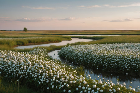 Winding waterways and white flower landscapes in the fieldsの素材