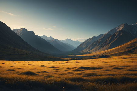 Golden meadows and mountains in open valleysの素材